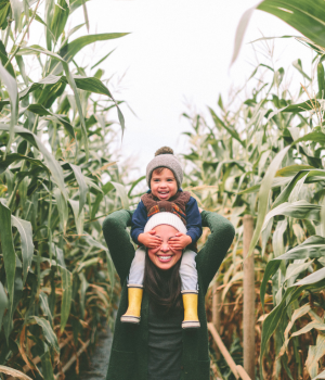 Son sitting on top of Mother's shoulders going through corn field. 