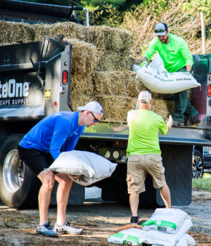 Champion Credit Union employees helping distribute hay and soil.